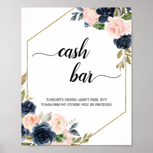 Blush Pink Navy Floral Geometric Cash Bar Sign