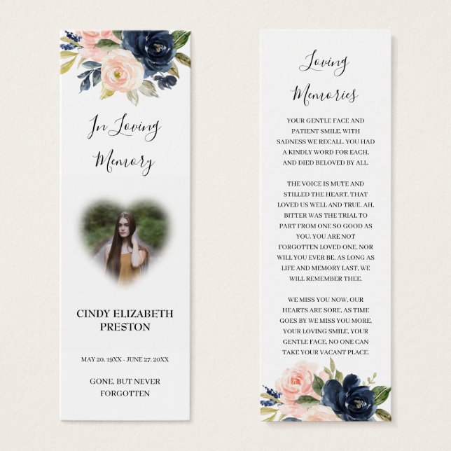 Blush Pink Navy Floral Photo Funeral Poem Bookmark (Front & Back)