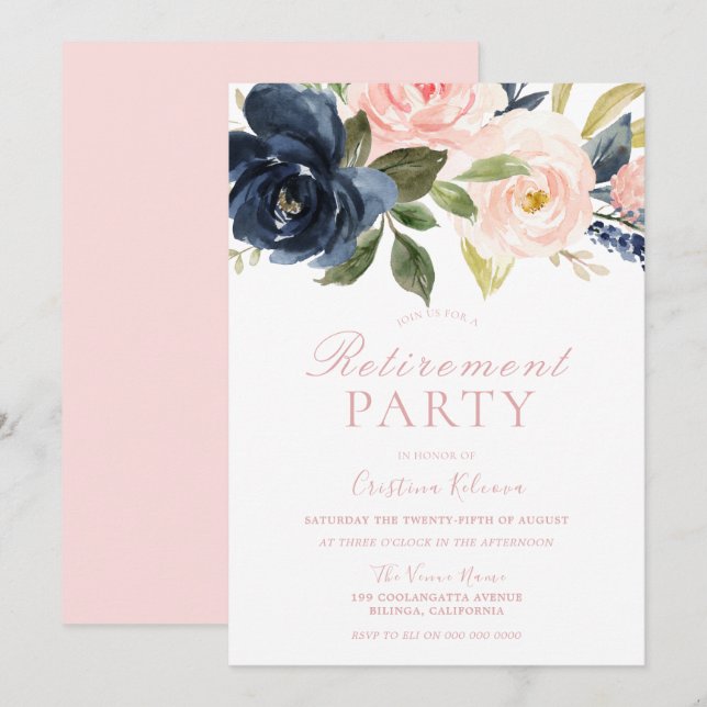 Blush Pink & Navy Floral Pretty Retirement Party Invitation (Front/Back)