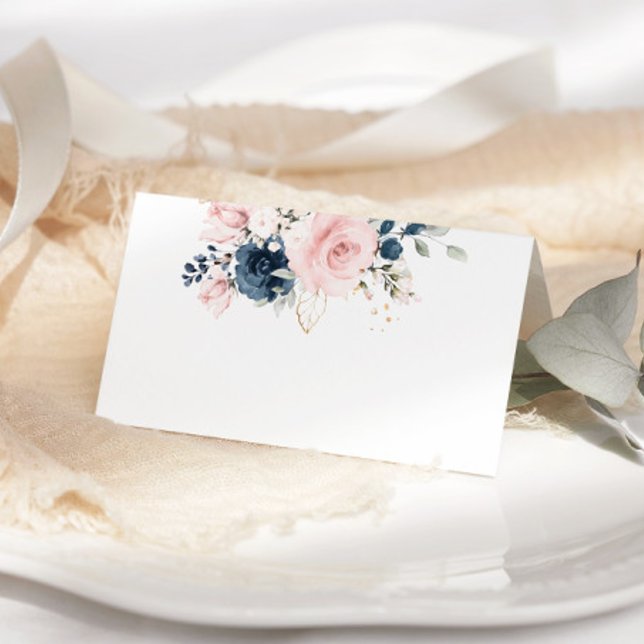 Blush pink Navy floral roses wedding place card (Creator Uploaded)