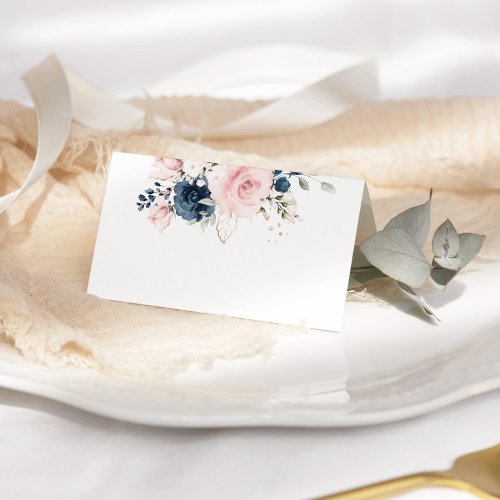 Blush pink Navy floral roses wedding Place Card