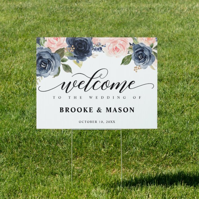 Blush Pink Navy Floral Rustic Boho Wedding Welcome Sign (Insitu)