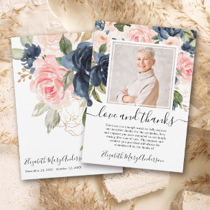 Blush Pink Navy Floral Thank You Bereavement Photo Card