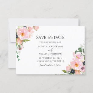 Blush Pink Navy Floral Watercolor Wedding Save The Date