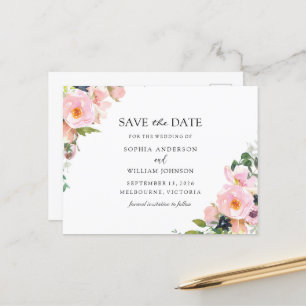Blush Pink Navy Floral Wedding Save the Date Announcement Postcard