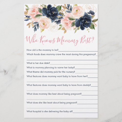 Blush Pink  Navy Floral Who Knows Mommy Best Game