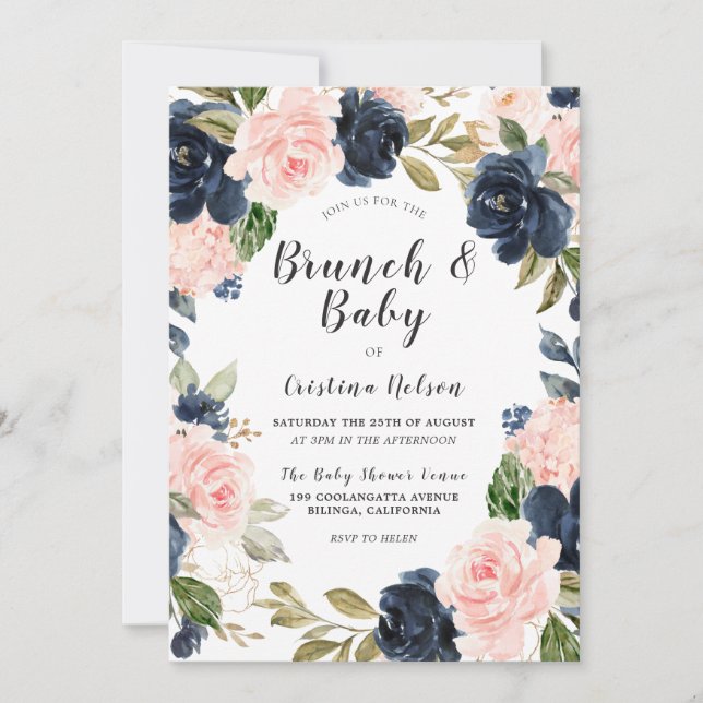 Blush Pink & Navy Floral Wreath Baby Shower Brunch Invitation (Front)