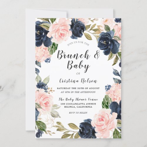 Blush Pink  Navy Floral Wreath Baby Shower Brunch Invitation