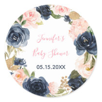 Blush Pink & Navy Floral Wreath Baby Shower Classic Round Sticker