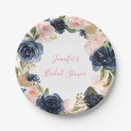 Blush Pink  Navy Floral Wreath Bridal Shower Paper Plates
