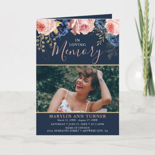 Blush Pink & Navy Florals Elegant Funeral Program