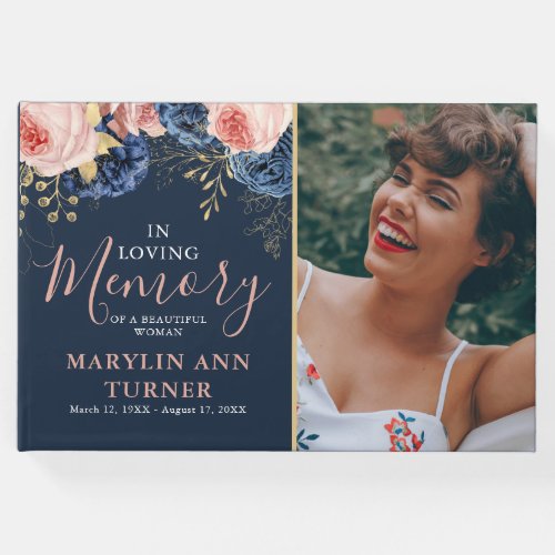 Blush Pink  Navy Florals Elegant Memorial Tribute Guest Book