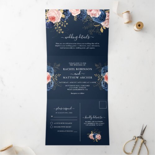 Blush Pink  Navy Florals Elegant Wedding Tri_Fold Invitation