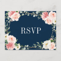 Blush Pink Navy Geometric Botanical Wedding RSVP