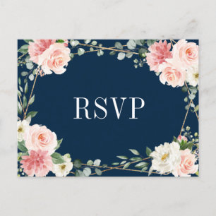 Blush Pink Navy Geometric Botanical Wedding RSVP Postcard