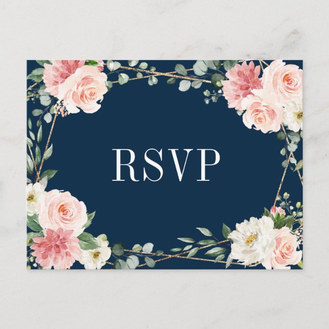 Blush Pink Navy Geometric Botanical Wedding RSVP Postcard (Front)