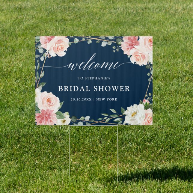 Blush Pink Navy Geometric Bridal Shower Welcome Sign (Insitu)