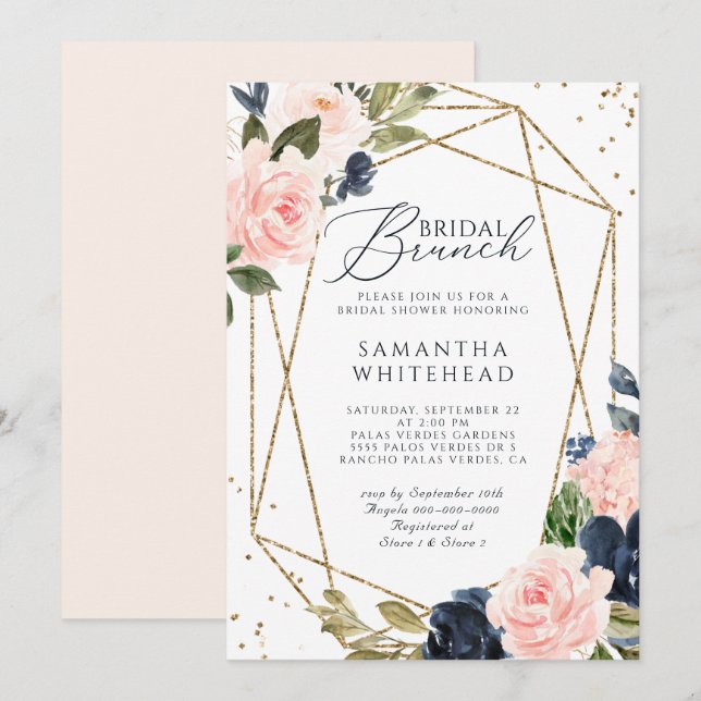 Blush Pink Navy Geometric Floral Bridal Shower Invitation (Front/Back)
