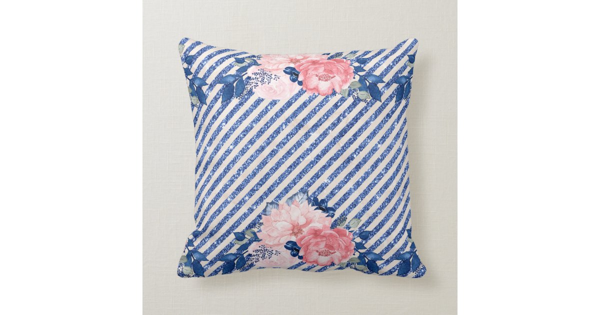 Blush Pink Navy Glitter Stripes Floral Flower Throw Pillow