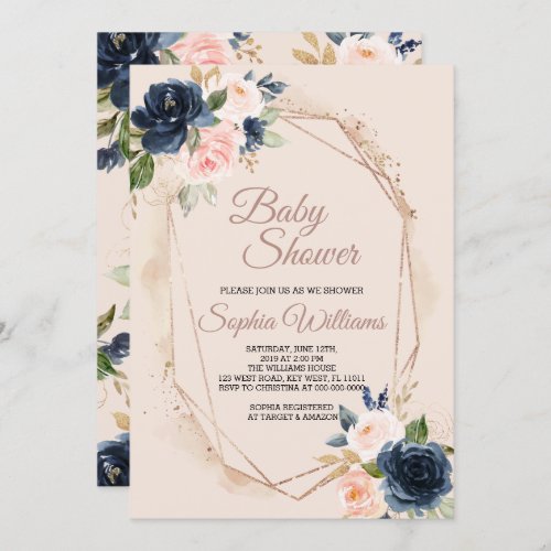 Blush Pink Navy  Gold Baby Shower Invitation