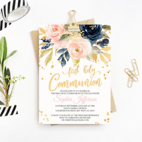 Blush Pink Navy  Gold First Holy Communion Invitation