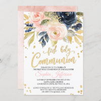 Blush Pink, Navy & Gold First Holy Communion Invitation