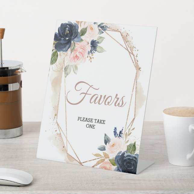 Blush Pink, Navy & Gold Floral Favors Pedestal Sign (In SItu)