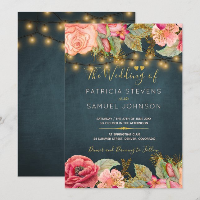 Blush pink navy gold romantic floral wedding invitation (Front/Back)