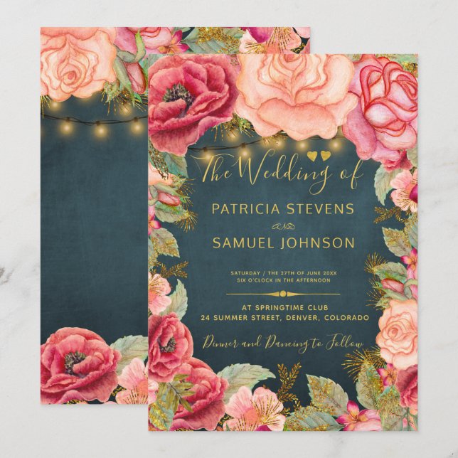 Blush pink navy gold romantic garden wedding invitation (Front/Back)
