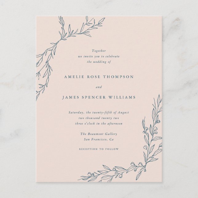 Blush Pink & Navy Hand-drawn Branches Wedding Invitation Postcard (Front)