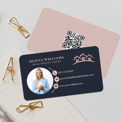 Blush Pink  Navy Professional Real Estate Photo  Business Card