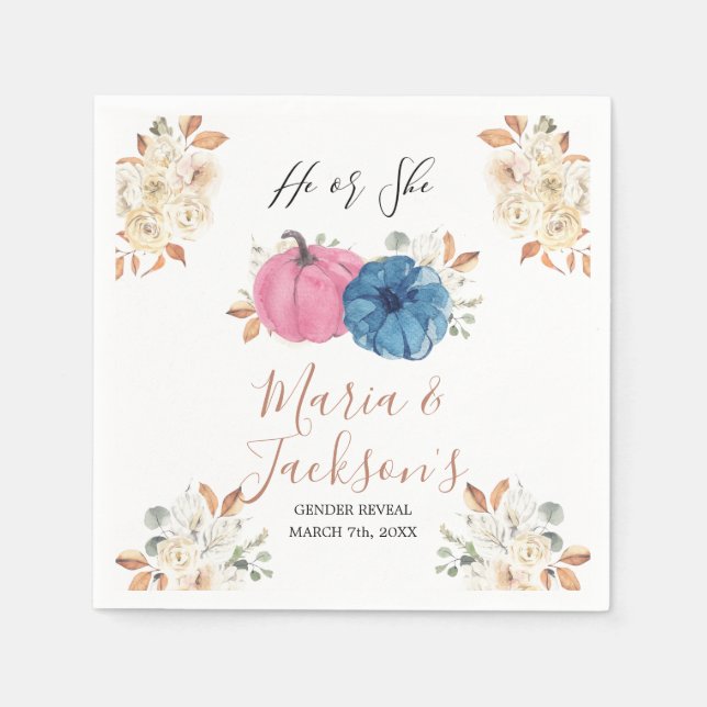 Blush Pink & Navy Pumpkin Gender Reveal Napkins (Front)