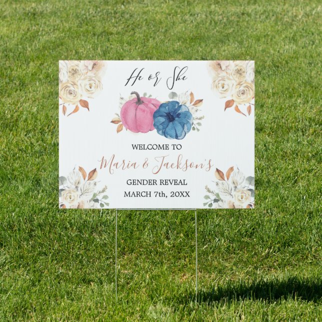 Blush Pink & Navy Pumpkin Gender Reveal Sign (Insitu)