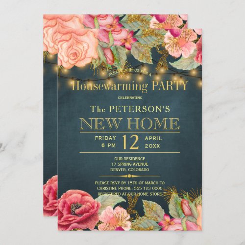 Blush pink navy string lights housewarming party invitation