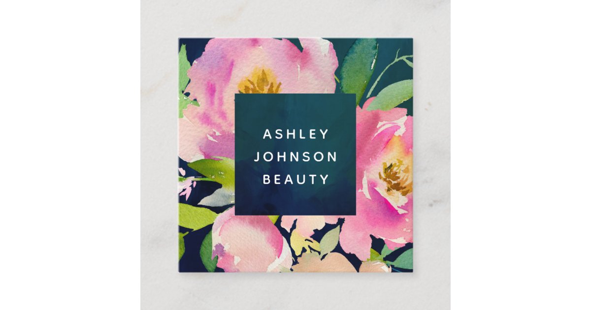 Blush Pink Navy Watercolor Floral Bouquet Square Business Card