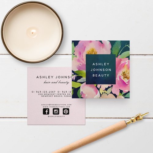 BLUSH PINK  NAVY Watercolor Floral Bouquet Square Business Card