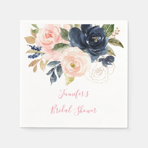 Blush Pink | Navy Watercolor Floral Bridal Shower Napkins