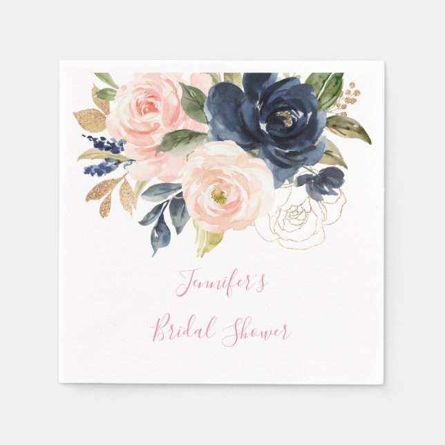 Blush Pink | Navy Watercolor Floral Bridal Shower Napkins (Front)