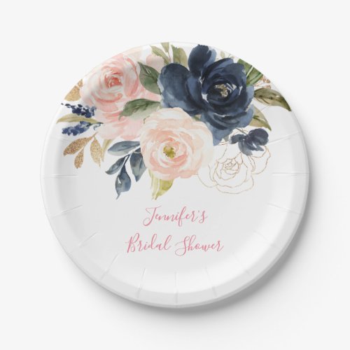 Blush Pink  Navy Watercolor Floral Bridal Shower Paper Plates