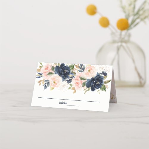 Blush Pink  Navy Watercolor Floral Bridal Shower Place Card