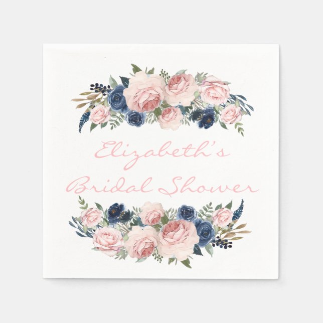 Blush Pink Navy Watercolor Peony Wedding Napkins (Front)