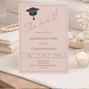 Blush pink neutral She did it Graduation Party Invitation