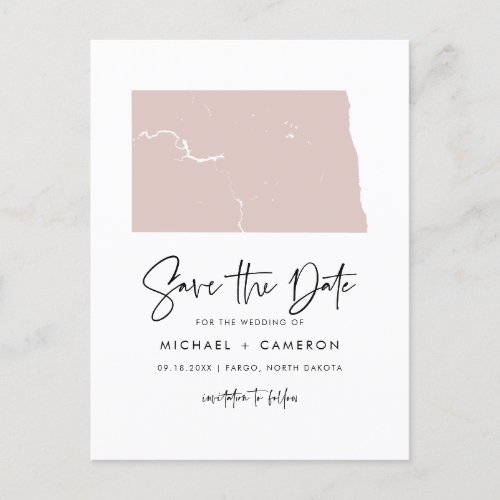 Blush Pink North Dakota Map Script Save the Date Announcement Postcard