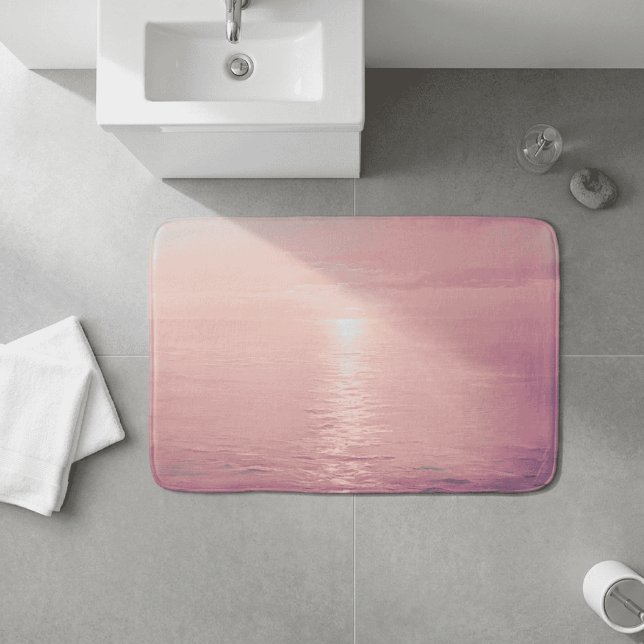 Blush Pink Ocean Beach Sunset Horizon Seascape Bath Mat (pink pastel sunset 1)