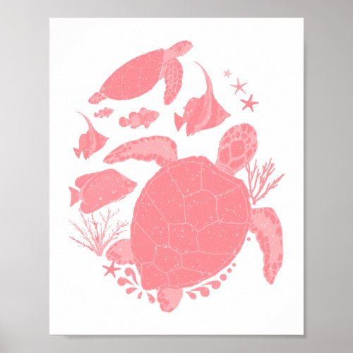 Blush Pink Ocean Scene Fishes and Turtles Poster