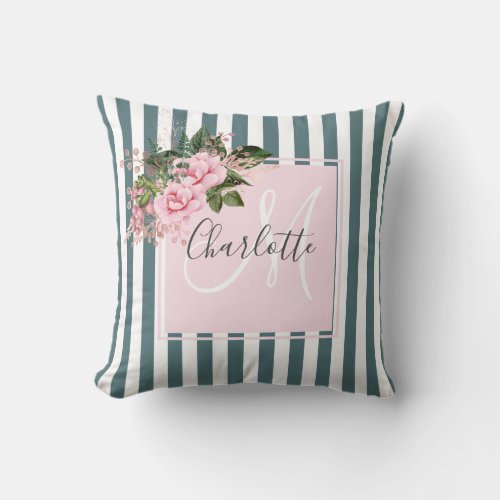 Blush pink ocean stripes floral monogram  throw pillow