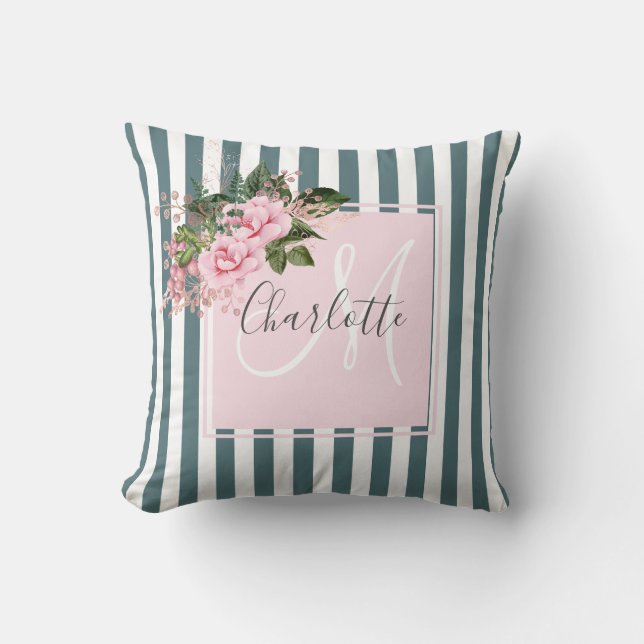 Blush pink ocean stripes floral monogram  throw pillow (Front)