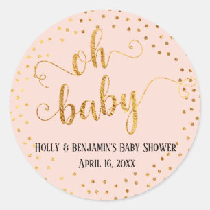Blush Pink "Oh Baby" Faux Gold Foil Confetti Classic Round Sticker