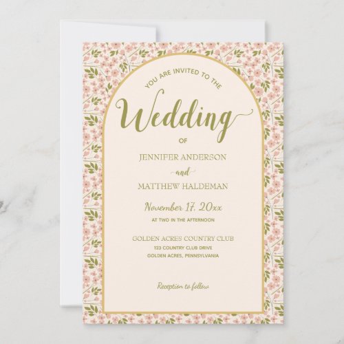 Blush Pink Olive Green Arch Shape Wedding Invitation