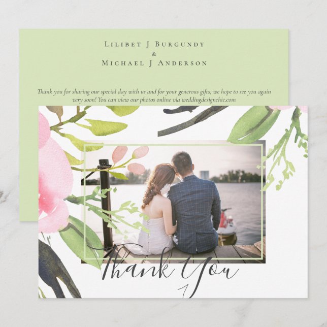 Blush Pink Olive Photo Thank You Wedding  (Front/Back)